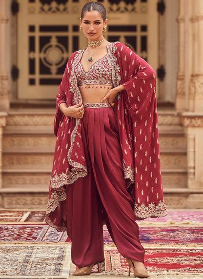 Maroon Embroidered Cape Dhoti Set