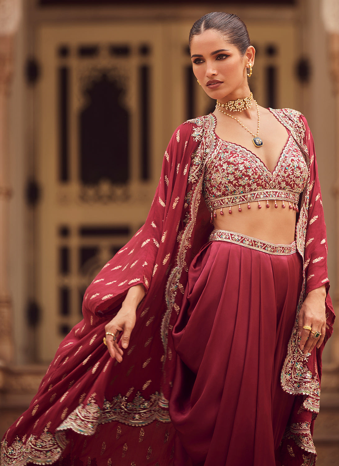 Maroon Embroidered Cape Dhoti Set