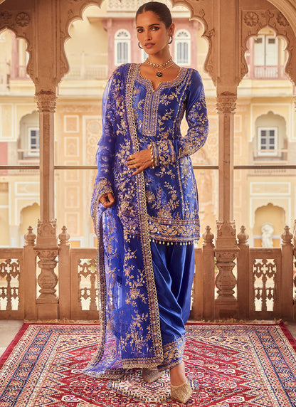 Royal Blue Embroidered Satin Punjabi Suit