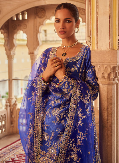 Royal Blue Embroidered Satin Punjabi Suit