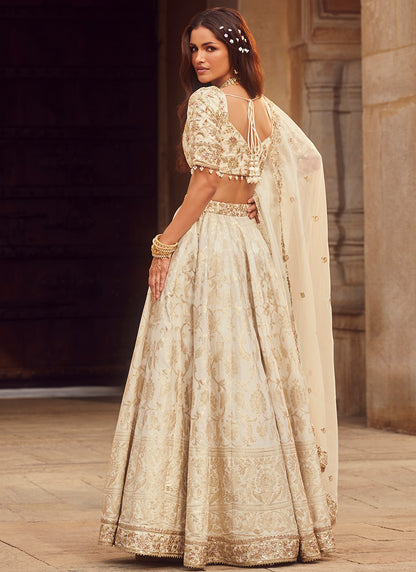 Off White Embroidered Brocade Lehenga