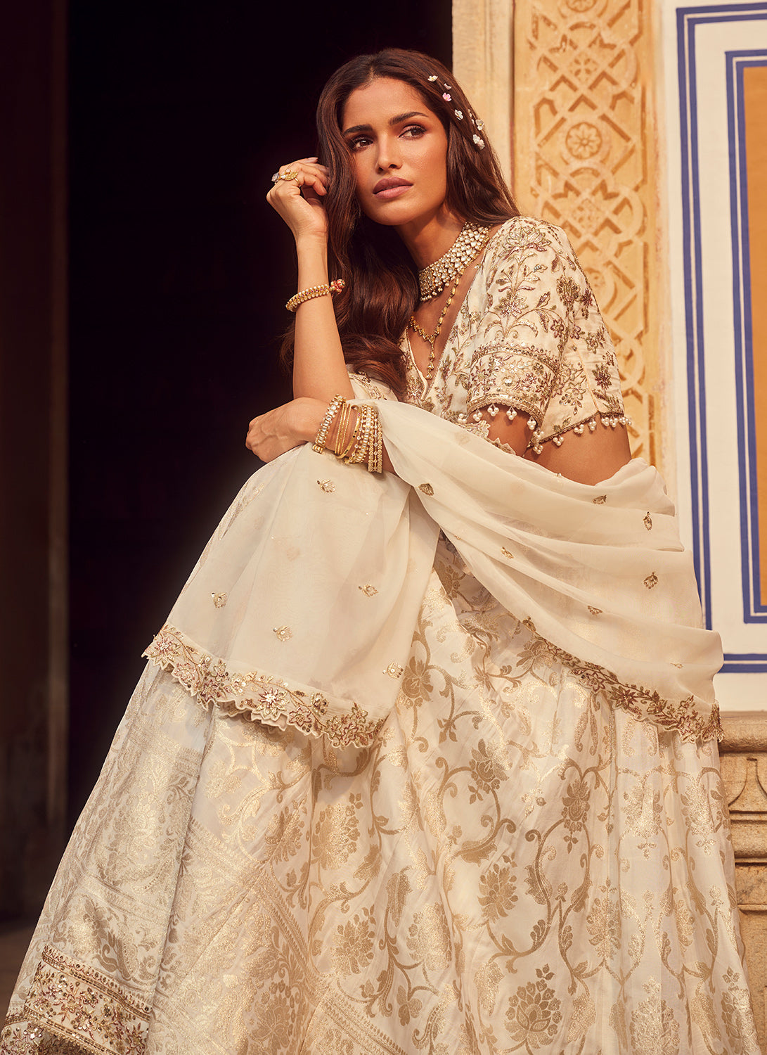 Off White Embroidered Brocade Lehenga