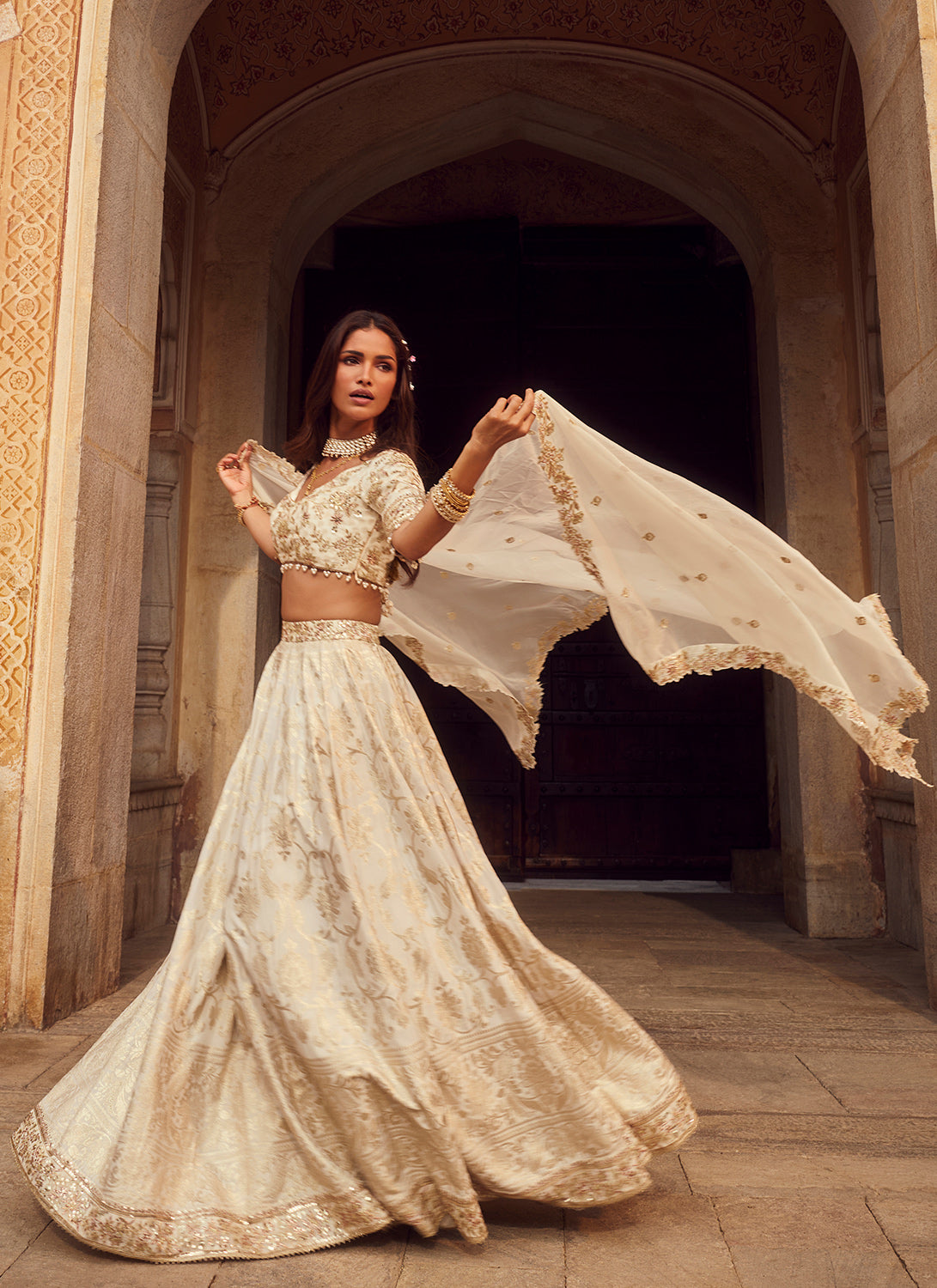 Off White Embroidered Brocade Lehenga