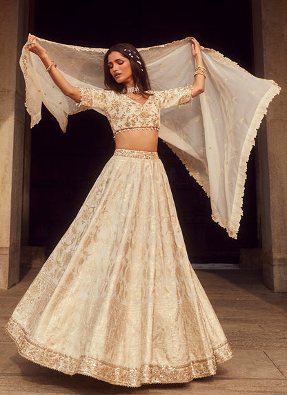 Off White Embroidered Brocade Lehenga