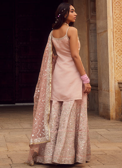 Dusty Peach Embroidered Silk Sharara Suit