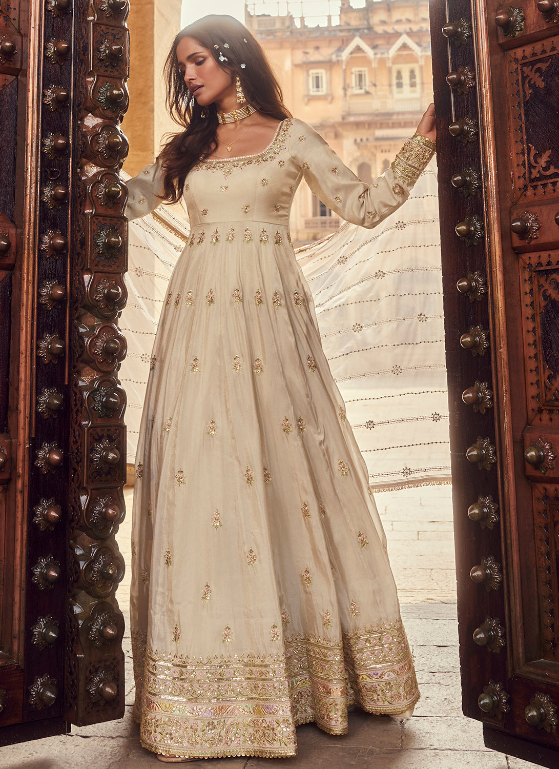 Light Dusty Beige Embroidered Anarkali