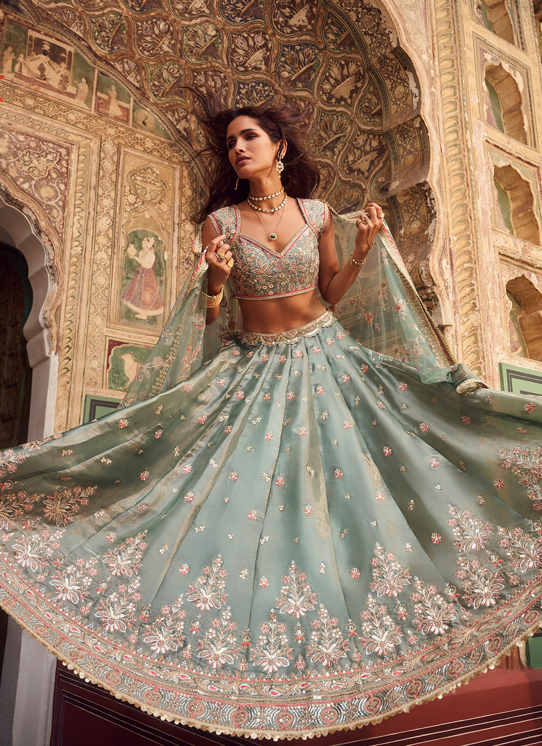 Dusty Mint Green Embroidered Organza Lehenga