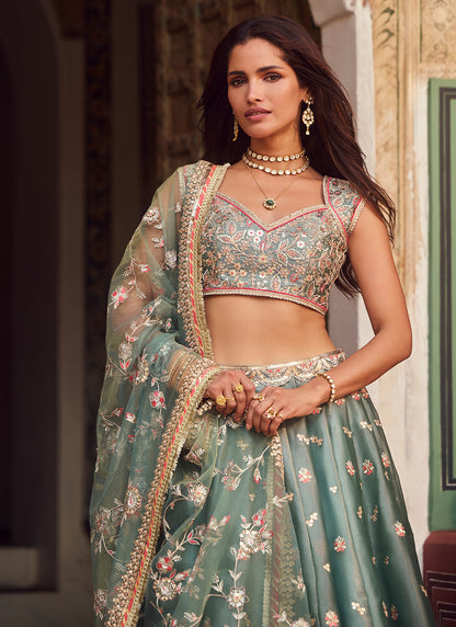 Dusty Mint Green Embroidered Organza Lehenga