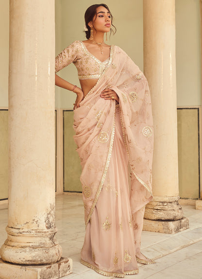 Beige Embroidered Viscose Organza Saree