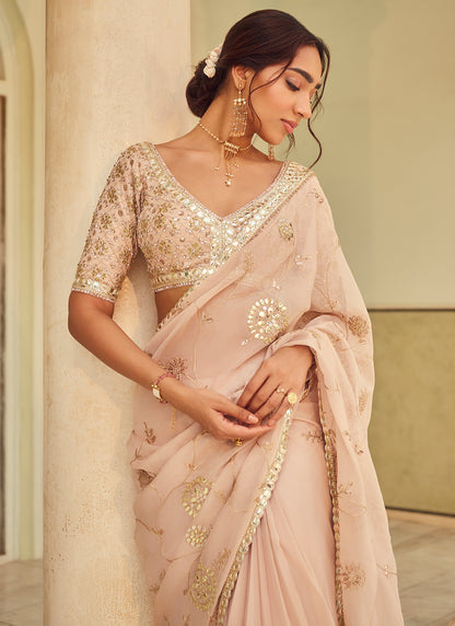 Beige Embroidered Viscose Organza Saree