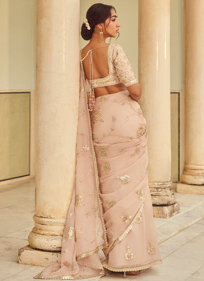 Beige Embroidered Viscose Organza Saree