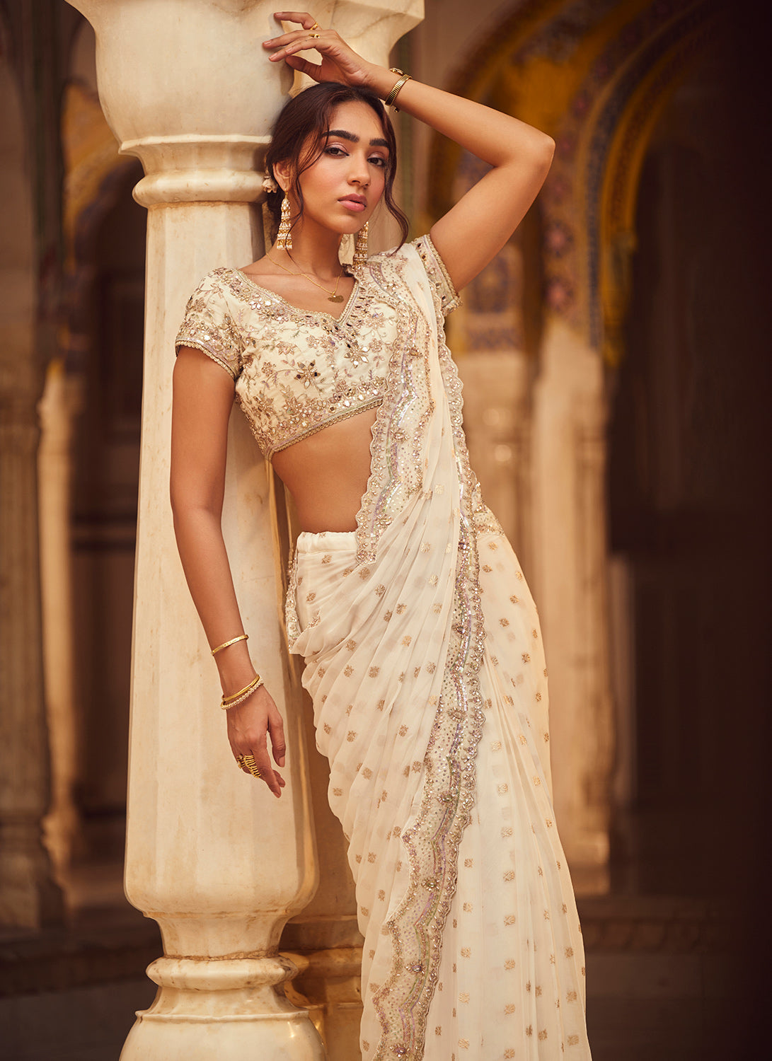 White Embroidered Brocade Saree