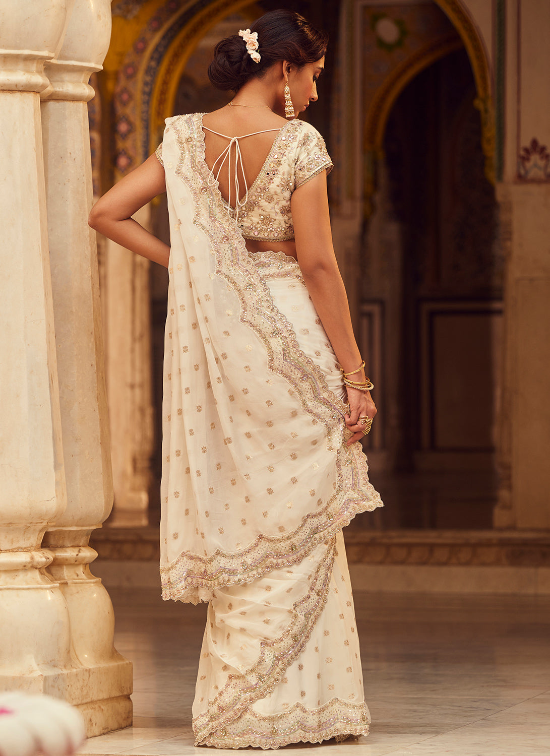 White Embroidered Brocade Saree