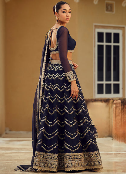 Navy Blue Embroidered Organza Lehenga