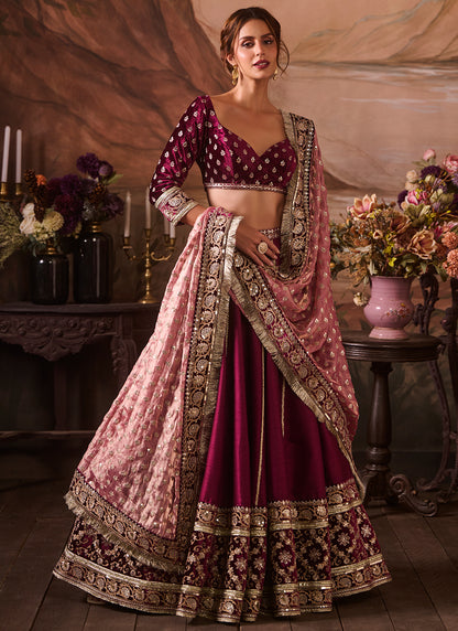 Dark Burgundy Embroidered Velvet Lehenga