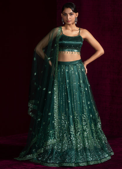 Dark Green Embroidered Net Lehenga