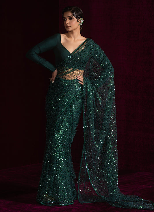 Dark Green Embroidered Net Saree