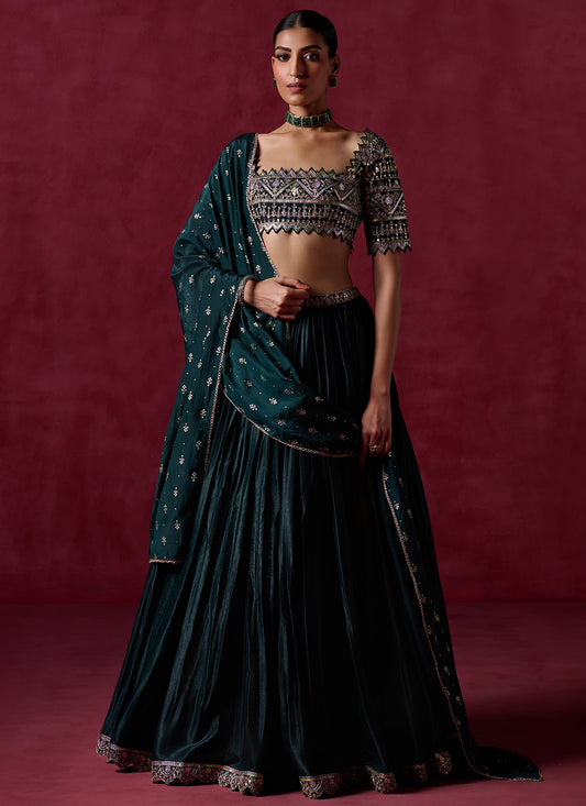 Dark Green Embroidered Satin Lehenga