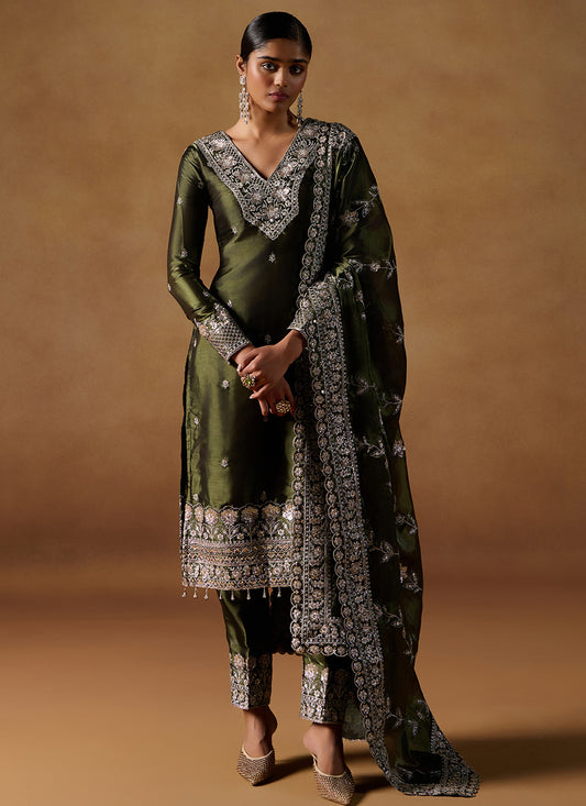 Dark Green Embroidered Tissue Straight Suit