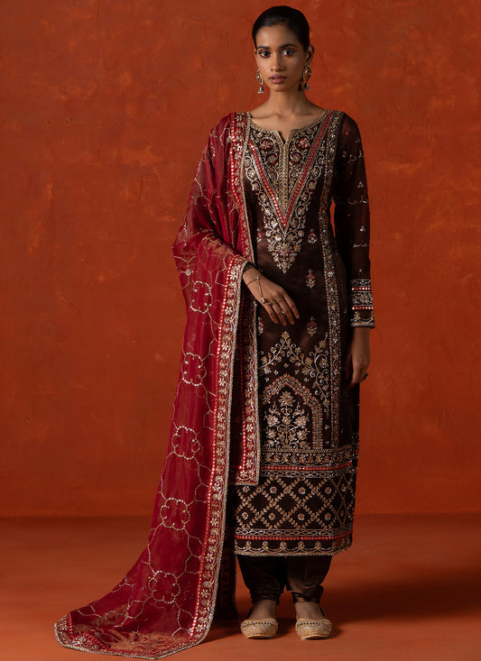 Dark Maroon and Maroon Embroidered Straight Suit