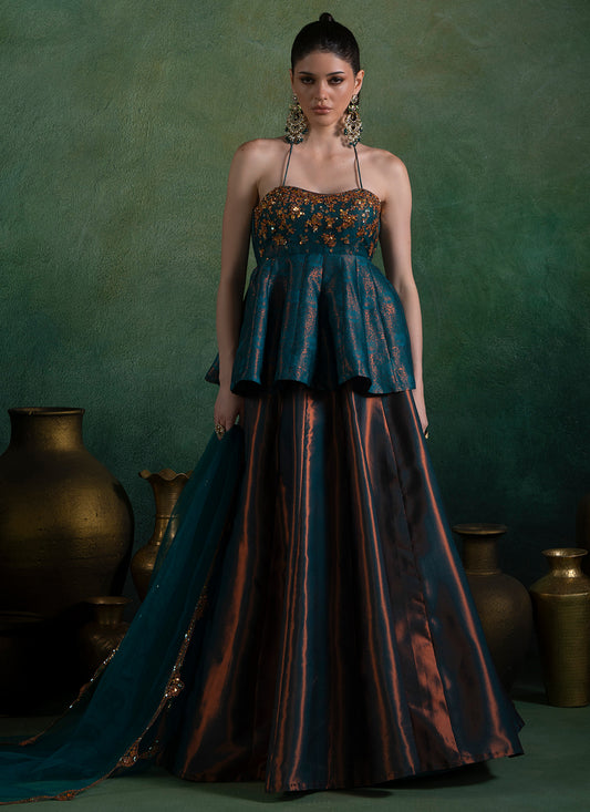 Dark Teal Embroidered Peplum Style Lehenga