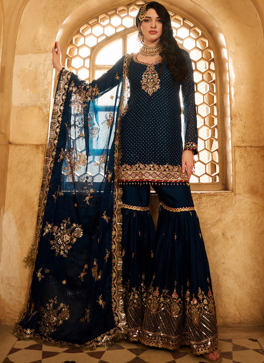 Dark Teal Embroidered Satin Gharara