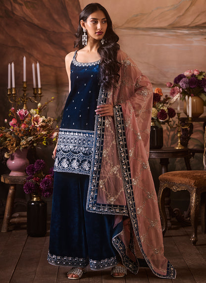 Deep Blue Embroidered Velvet Sharara