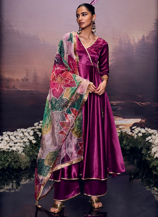 Deep Magenta Embroidered Anarkali Style Palazzo Suit