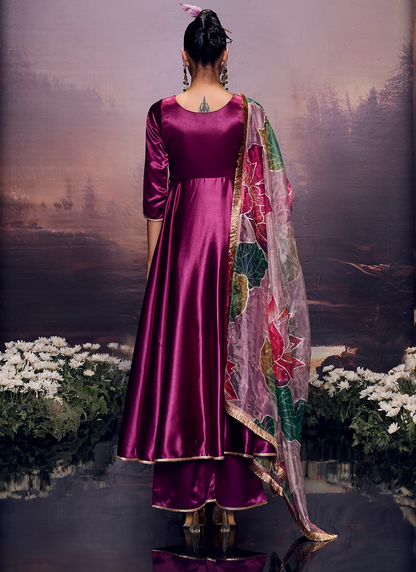 Deep Magenta Embroidered Anarkali Style Palazzo Suit