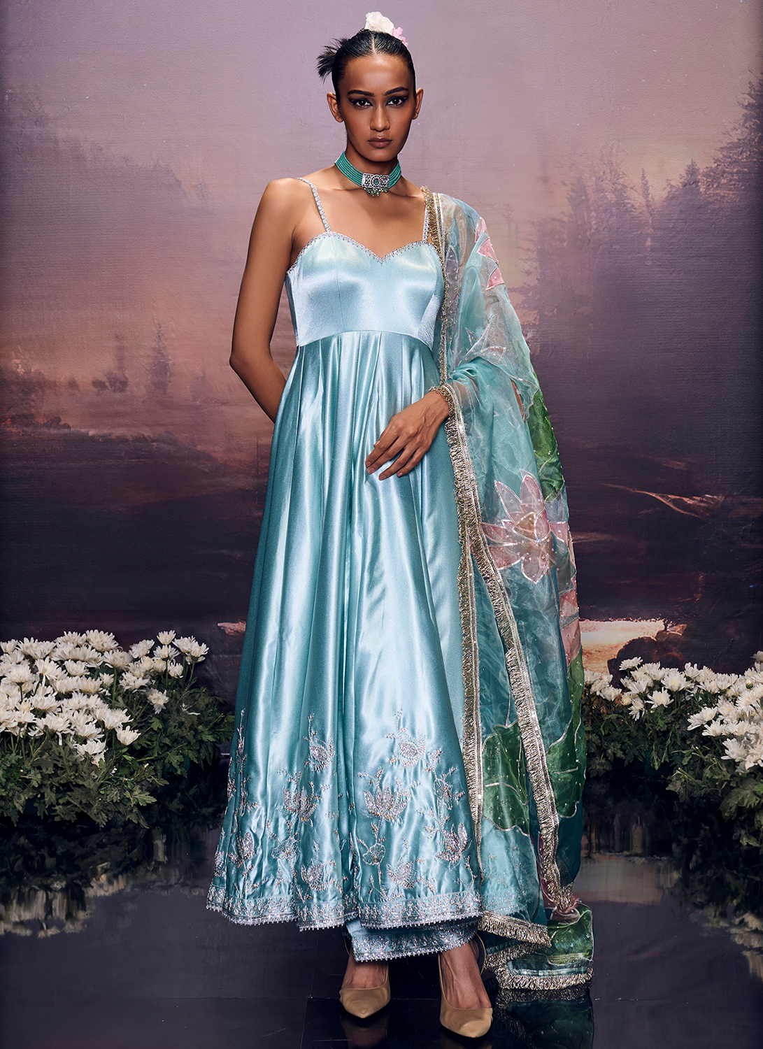 Turquoise Embroidered Satin Anarkali