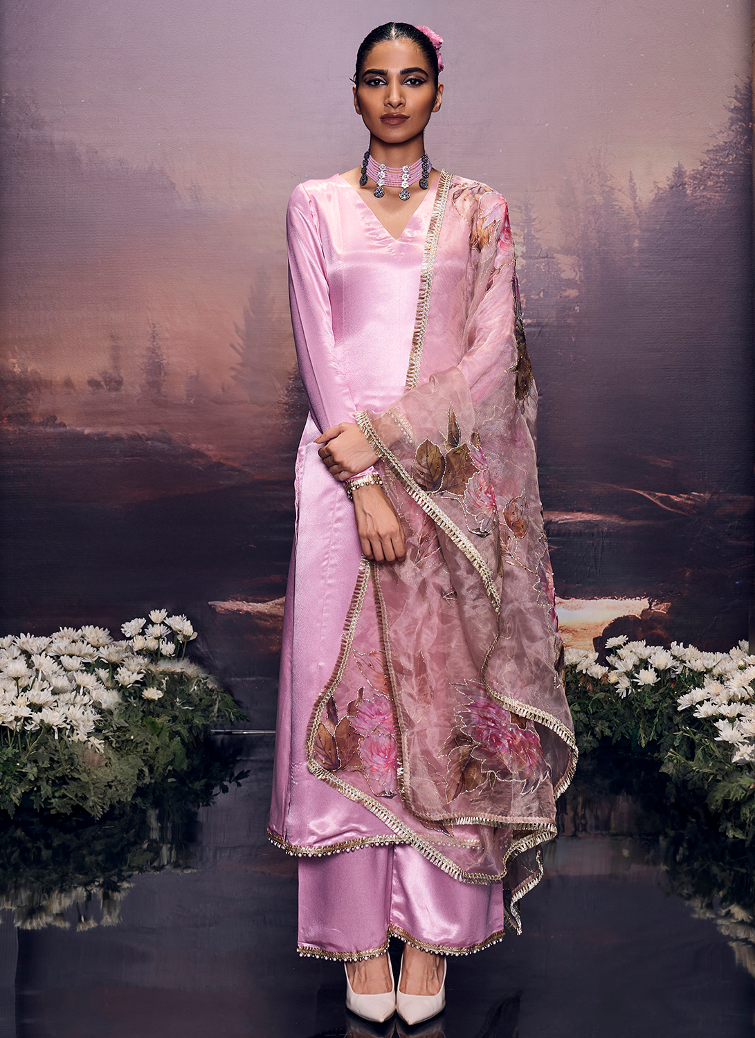Dusty Pink Embroidered Satin Palazzo Suit