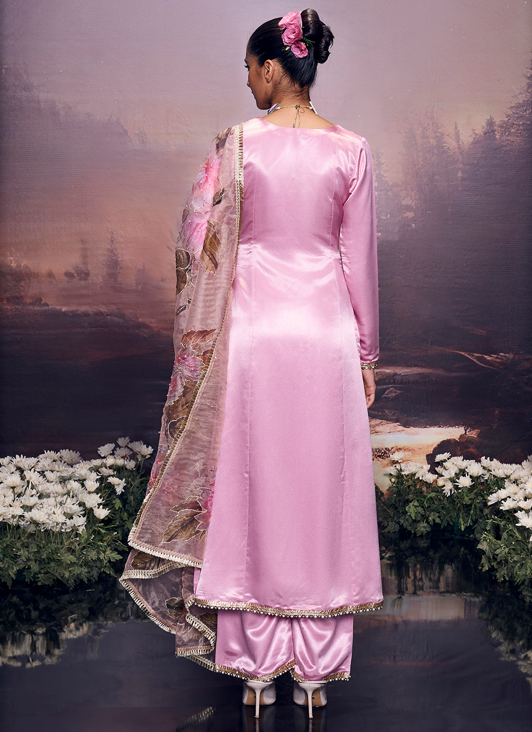 Dusty Pink Embroidered Satin Palazzo Suit