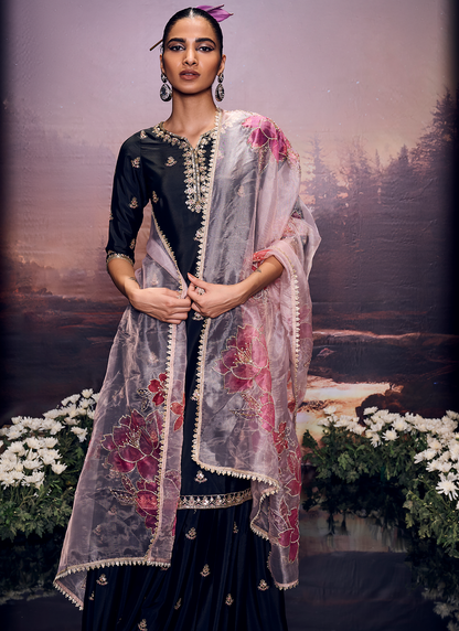 Black Embroidered Sharara Suit