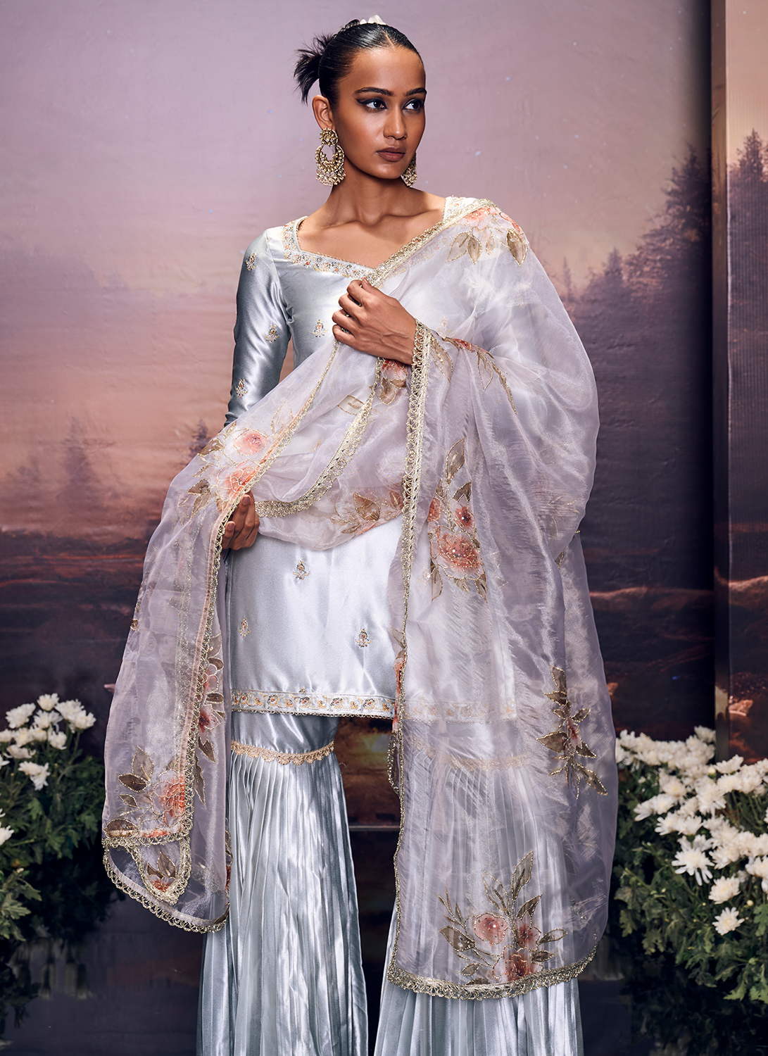 Grey Embroidered Satin Sharara Suit