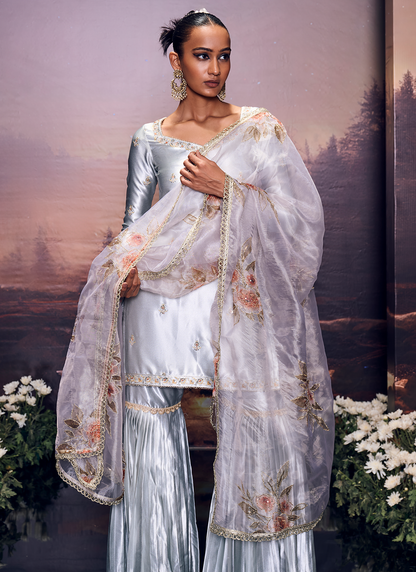 Grey Embroidered Satin Sharara Suit