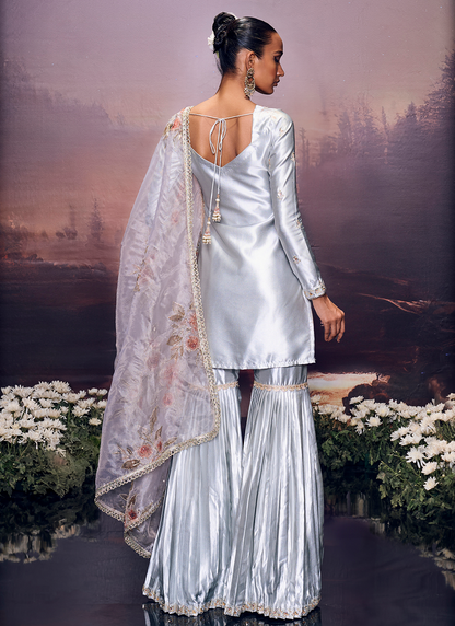 Grey Embroidered Satin Sharara Suit