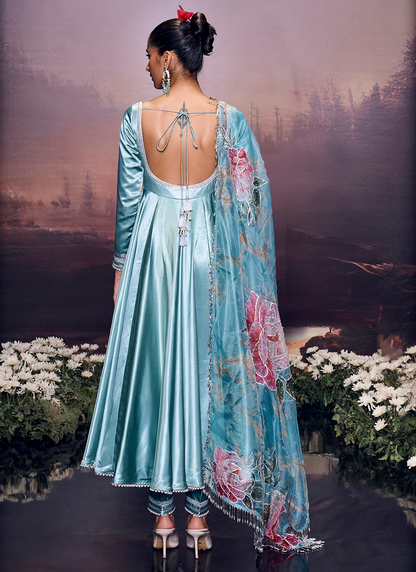 Blue Embroidered Satin Anarkali