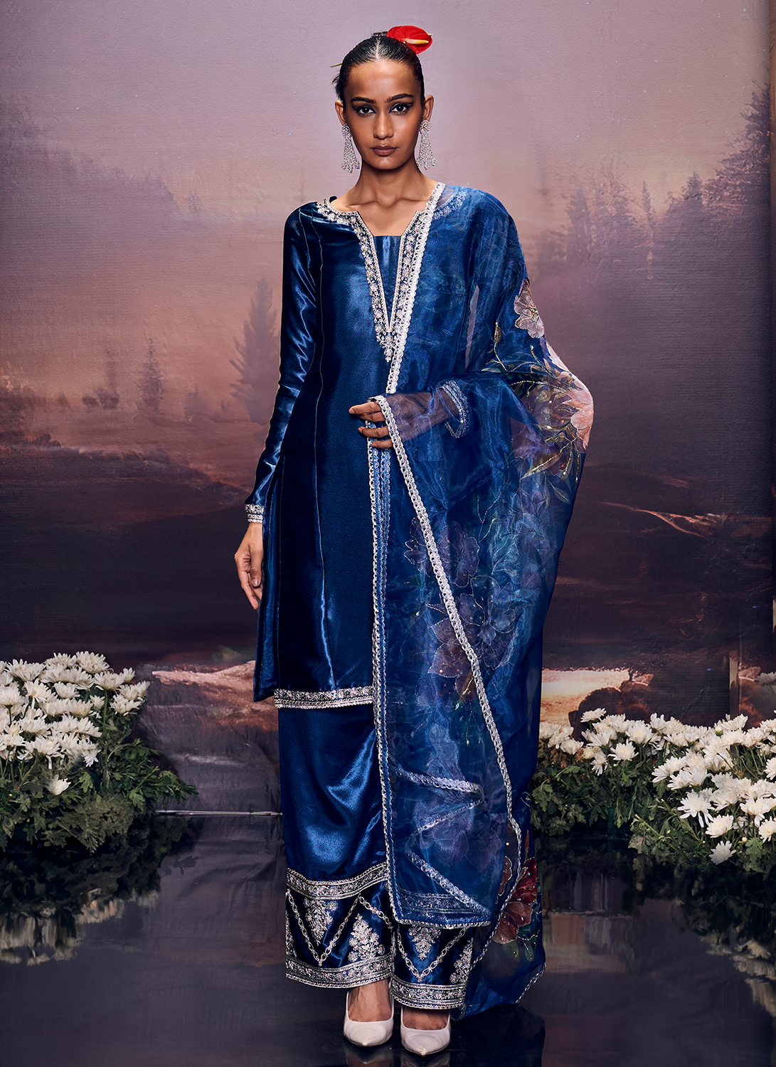 Navy Blue Embroidered Satin Palazzo Suit