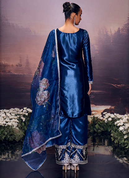 Navy Blue Embroidered Satin Palazzo Suit