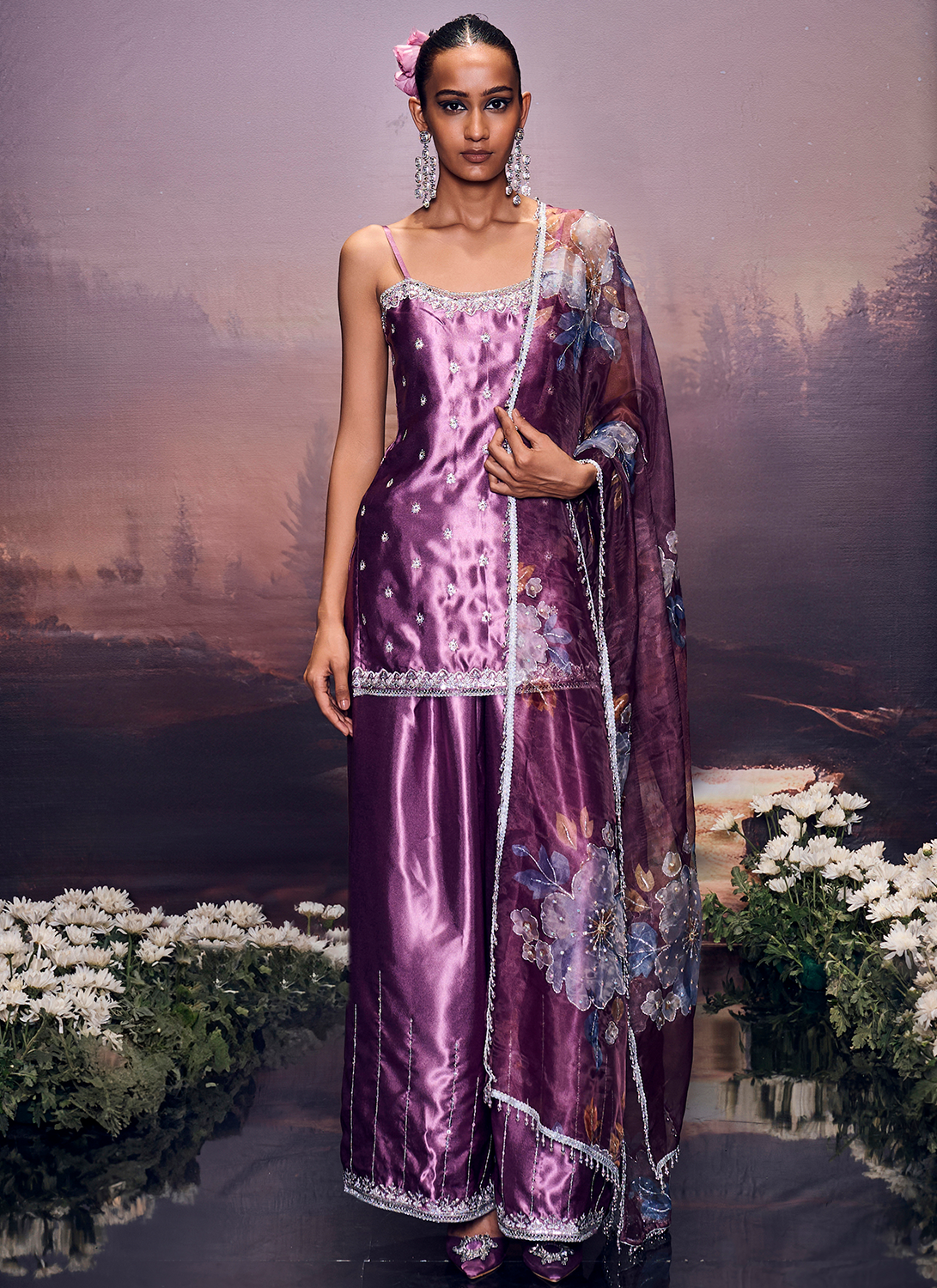 Purple Embroidered Satin Palazzo Suit