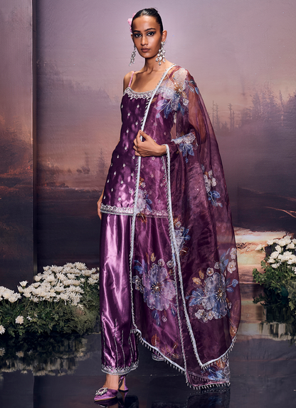 Purple Embroidered Satin Palazzo Suit