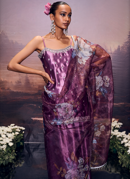 Purple Embroidered Satin Palazzo Suit