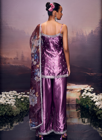 Purple Embroidered Satin Palazzo Suit