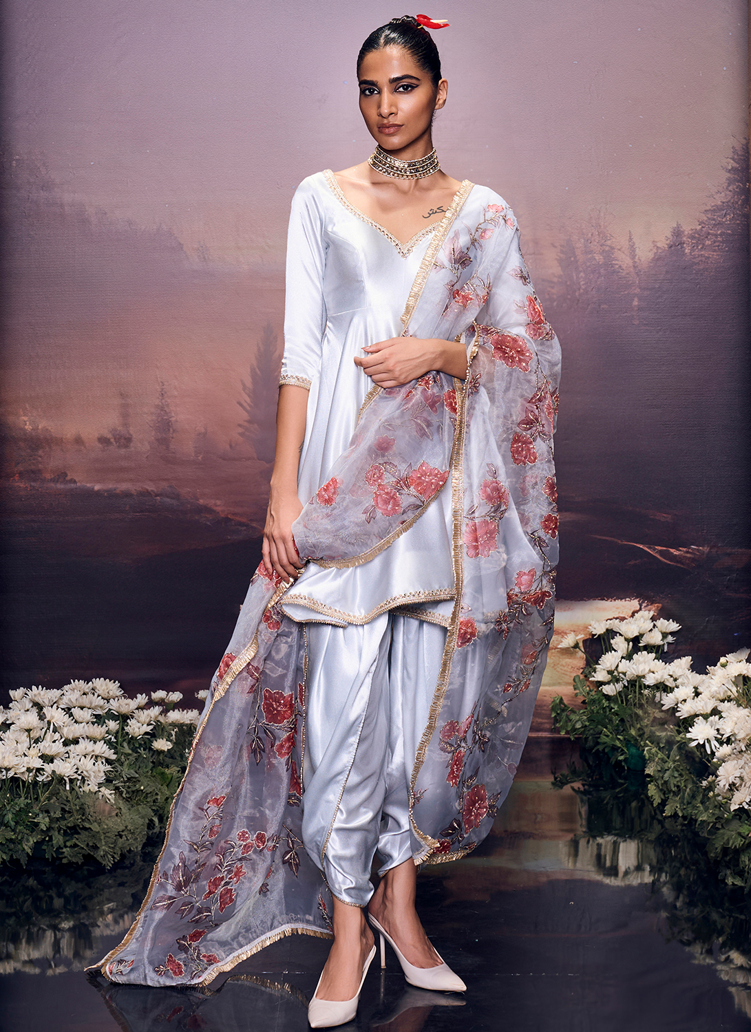 Light Grey Embroidered Satin Punjabi Suit