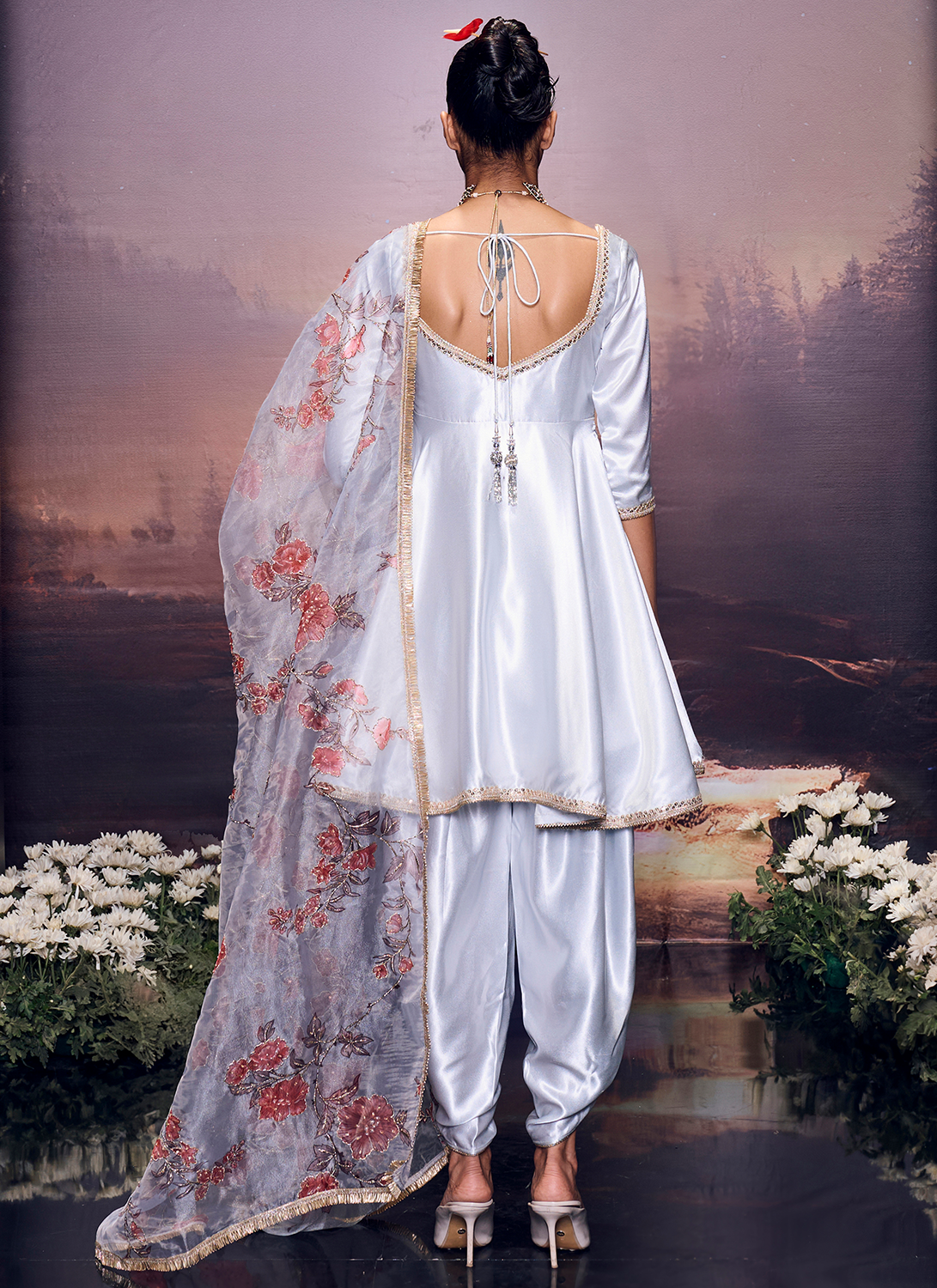 Light Grey Embroidered Satin Punjabi Suit
