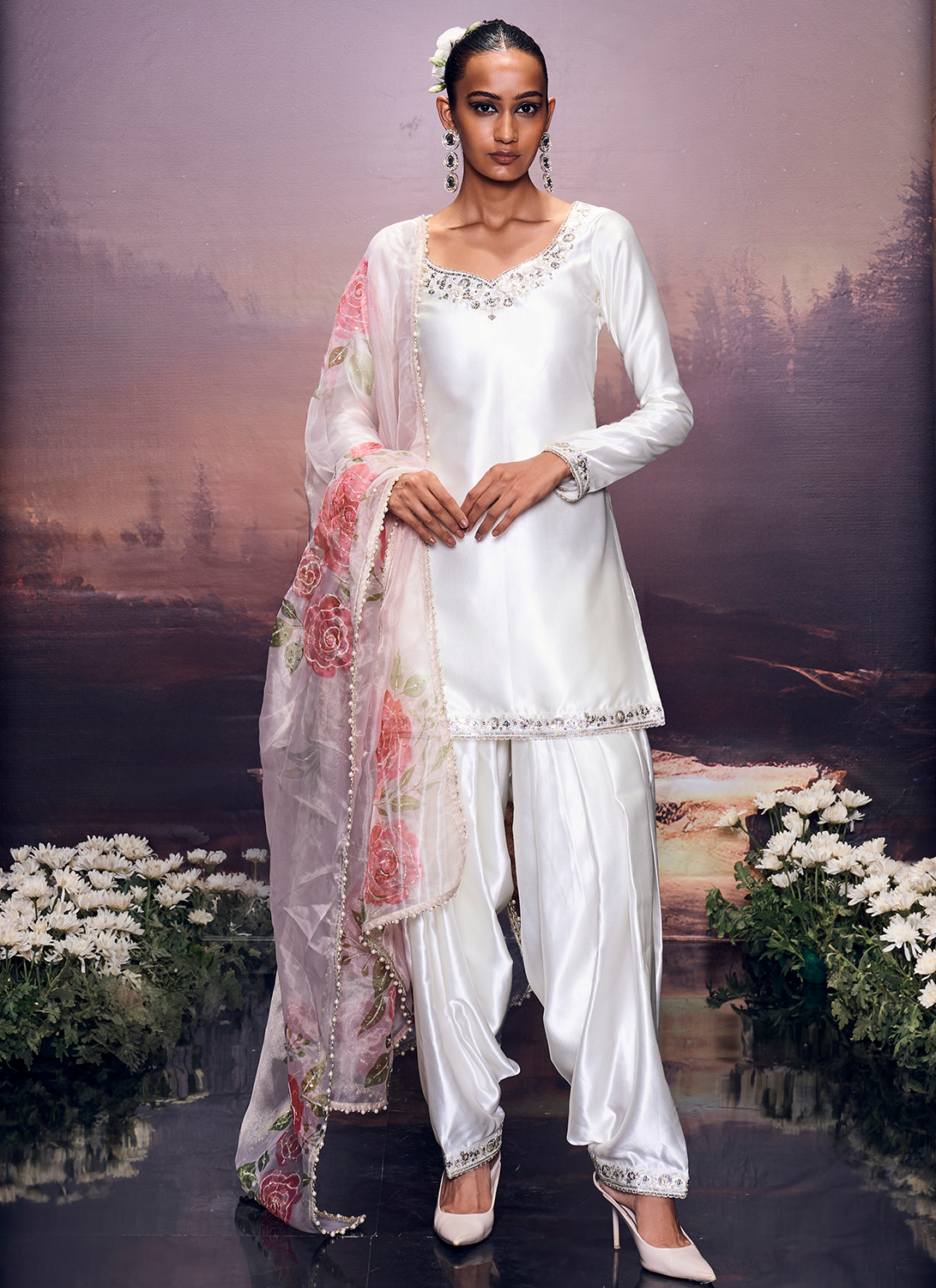 Ivory Embroidered Satin Punjabi Suit