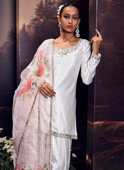 Ivory Embroidered Satin Punjabi Suit