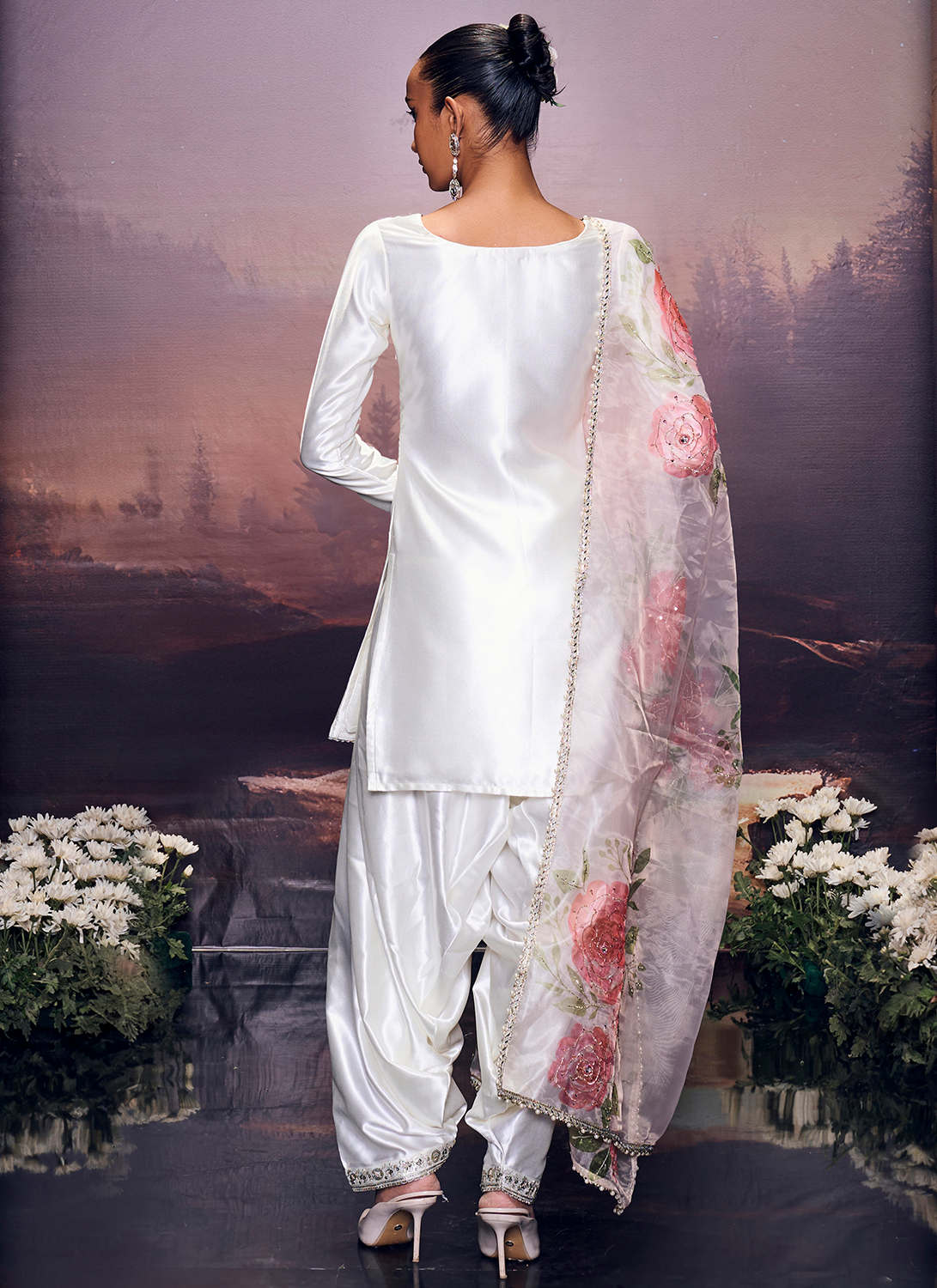 Ivory Embroidered Satin Punjabi Suit