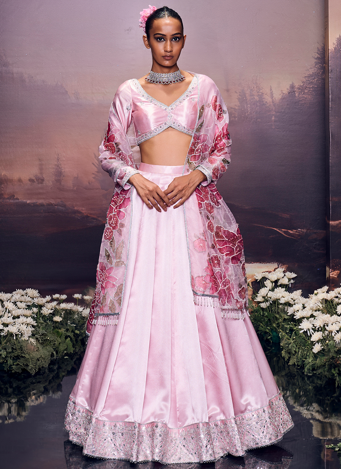 Light Pink Embroidered Satin Lehenga