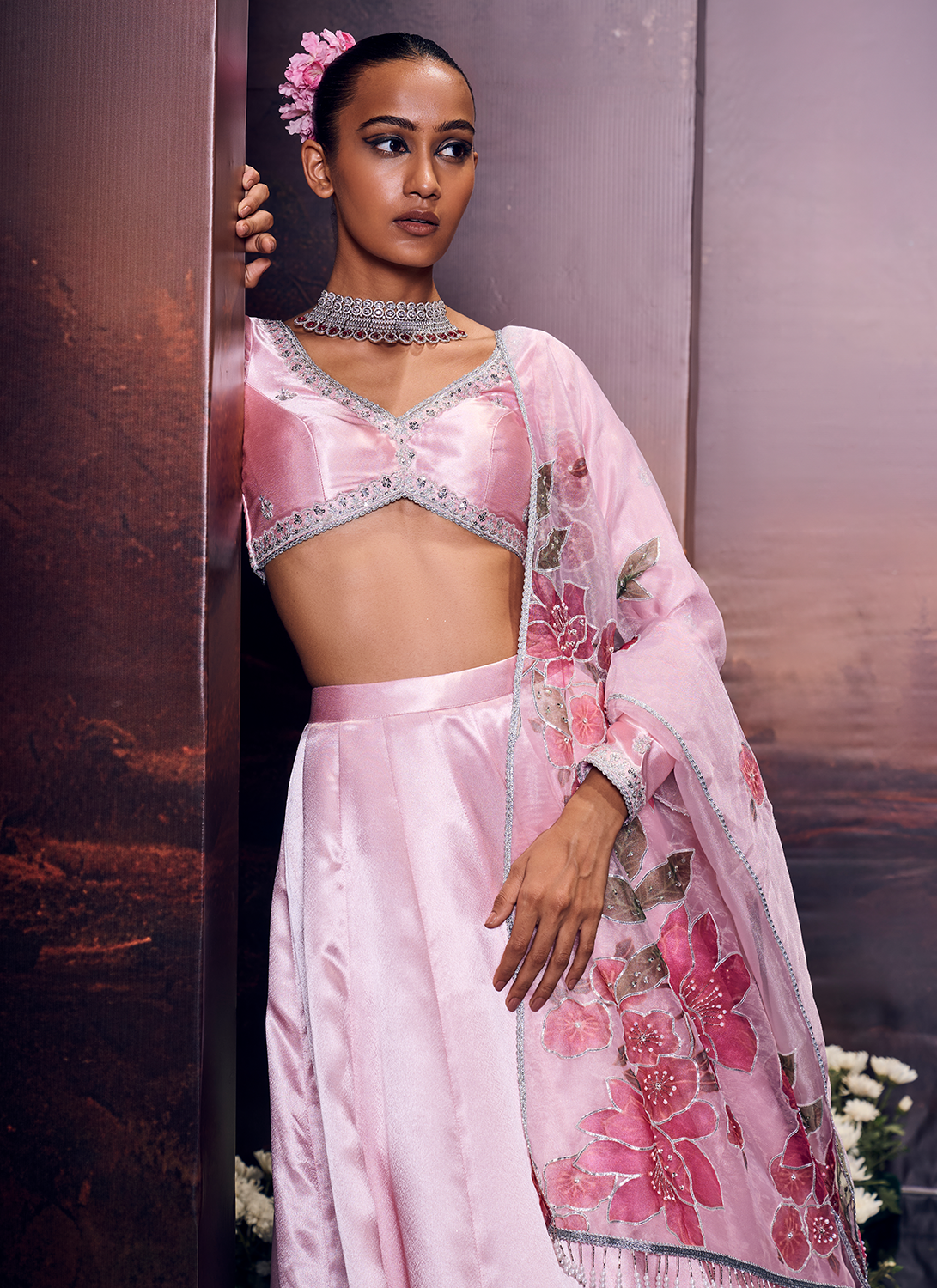 Light Pink Embroidered Satin Lehenga